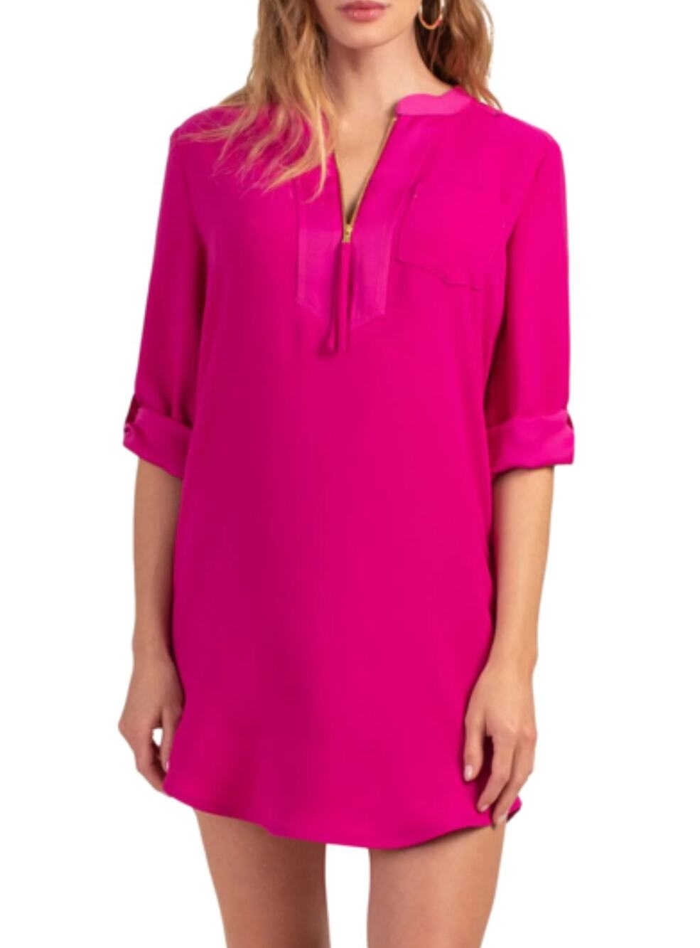 Trina Turk Kaiko Womens M Pink 3/4 Sleeve Half Zip Mini Dress Lightweight Chic